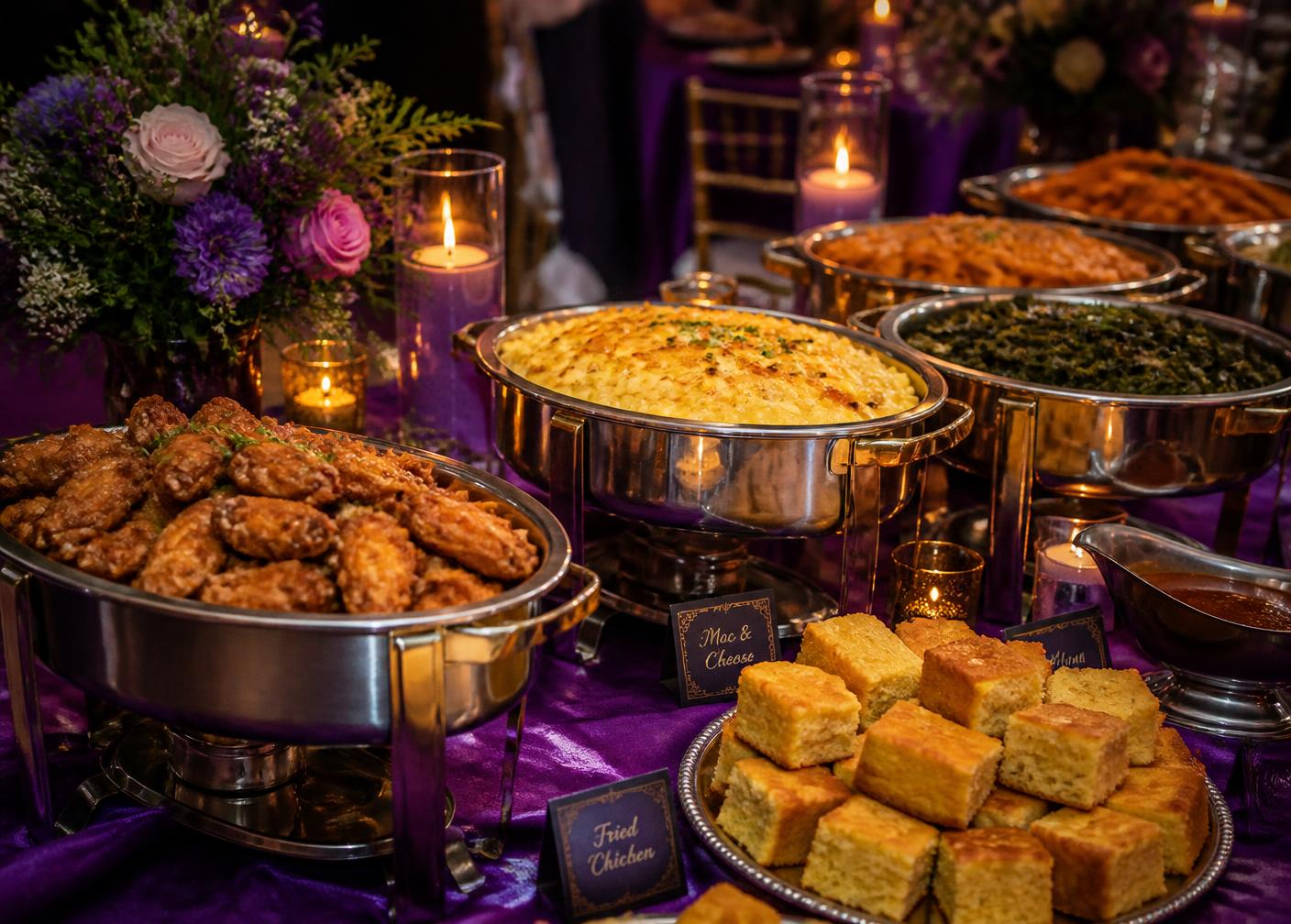 Soul food catering buffet with fried chicken, mac and cheese, greens and cornbread